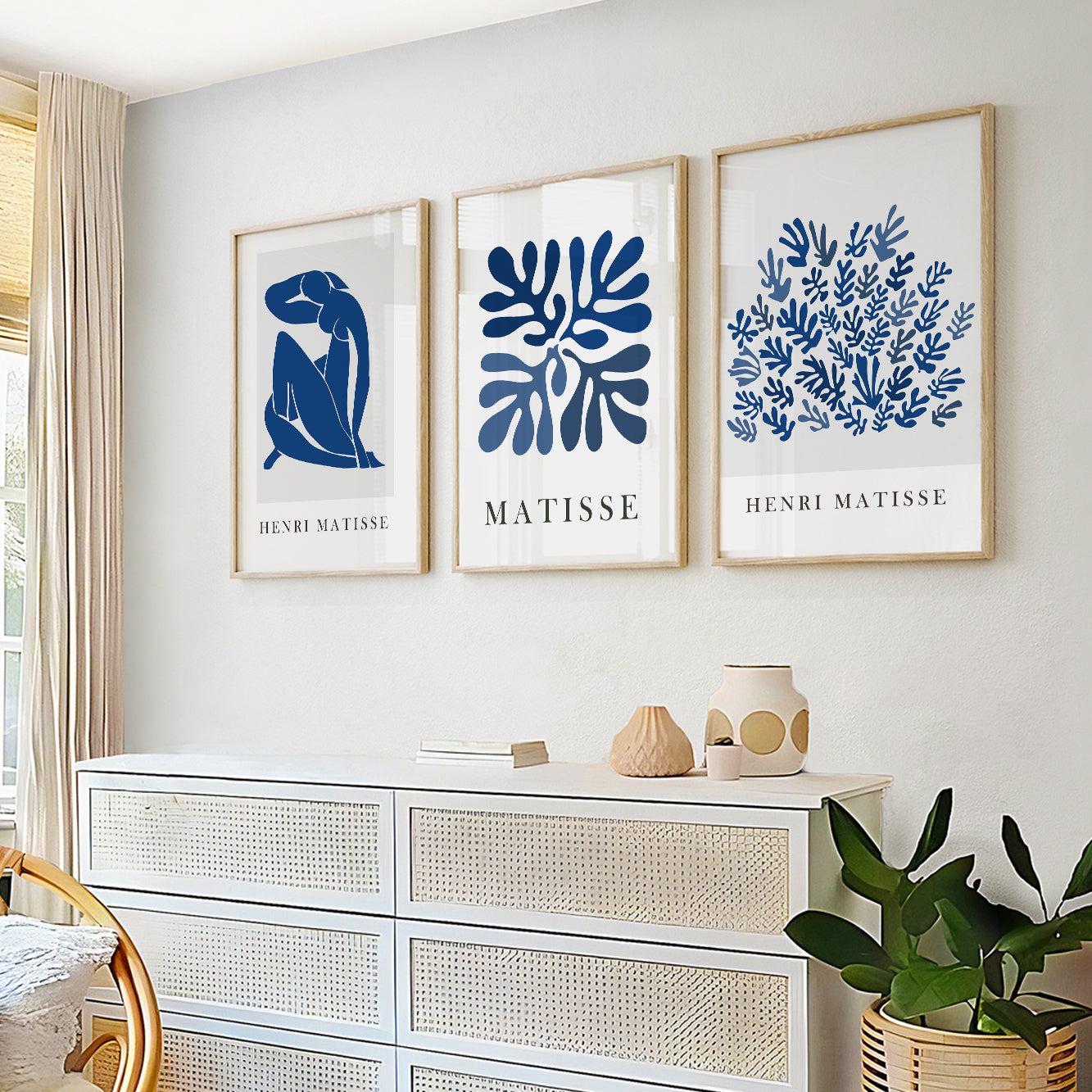 Set of 3 minimalist navy blue Matisse prints – perfect for mid century modern bedroom or living room.