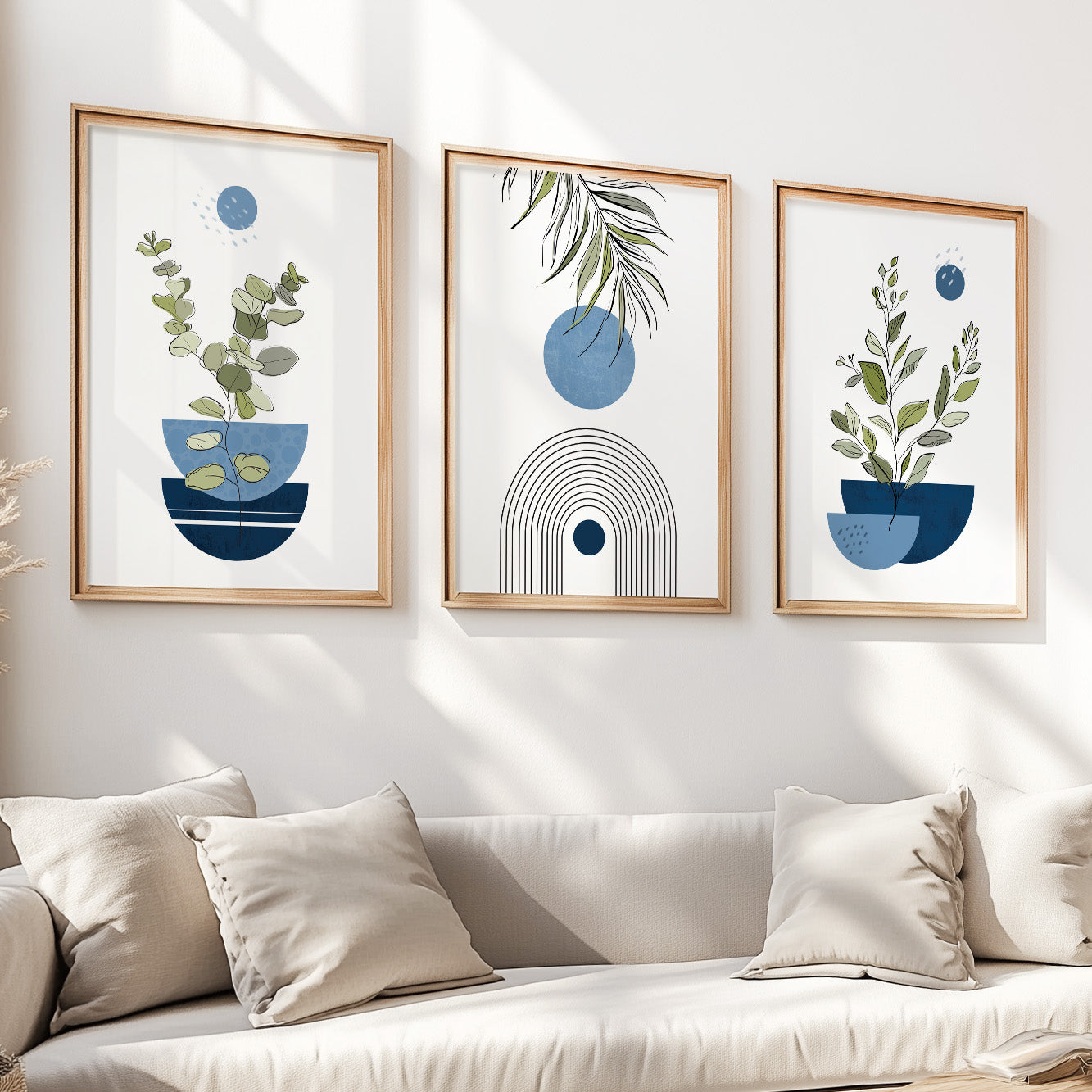 Navy blue botanical wall decor – abstract mid century modern prints in a set of three for bedroom walls.