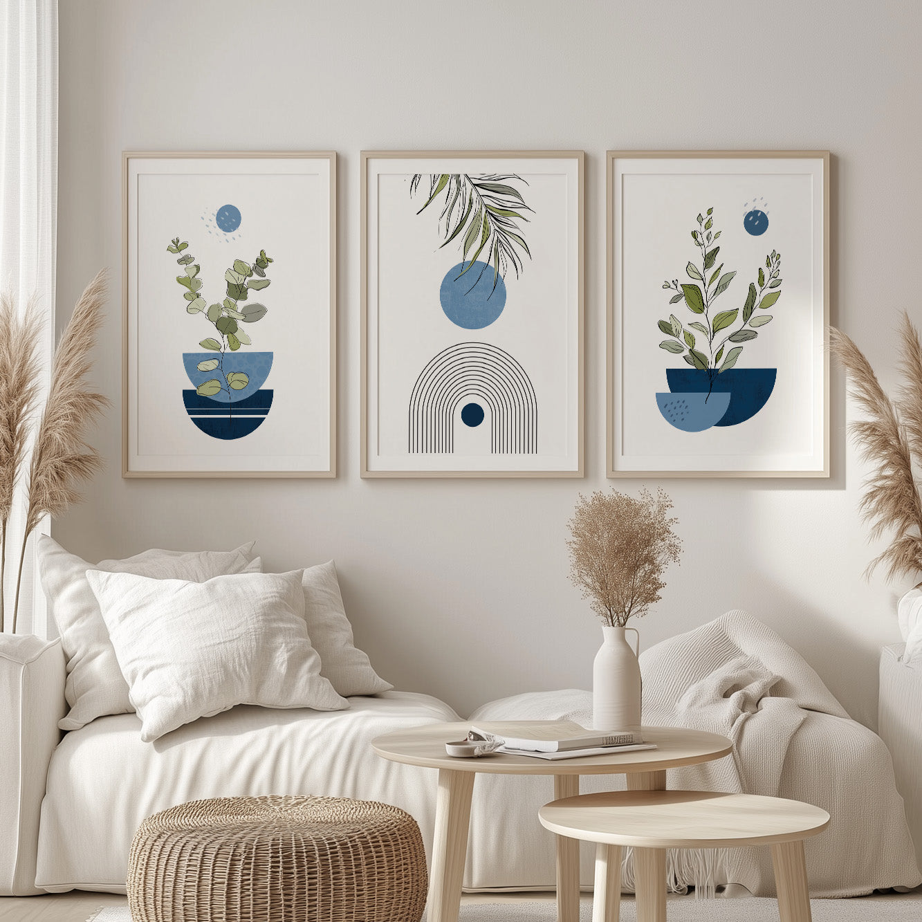 Boho bedroom wall art – navy blue abstract botanical triptych for modern and cozy spaces.