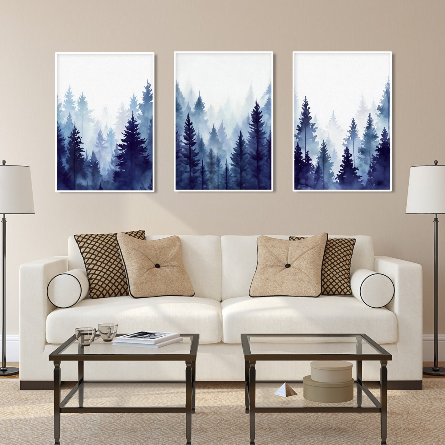 Set of 3 foggy mountain and pine forest prints, minimalist Nordic wall art.