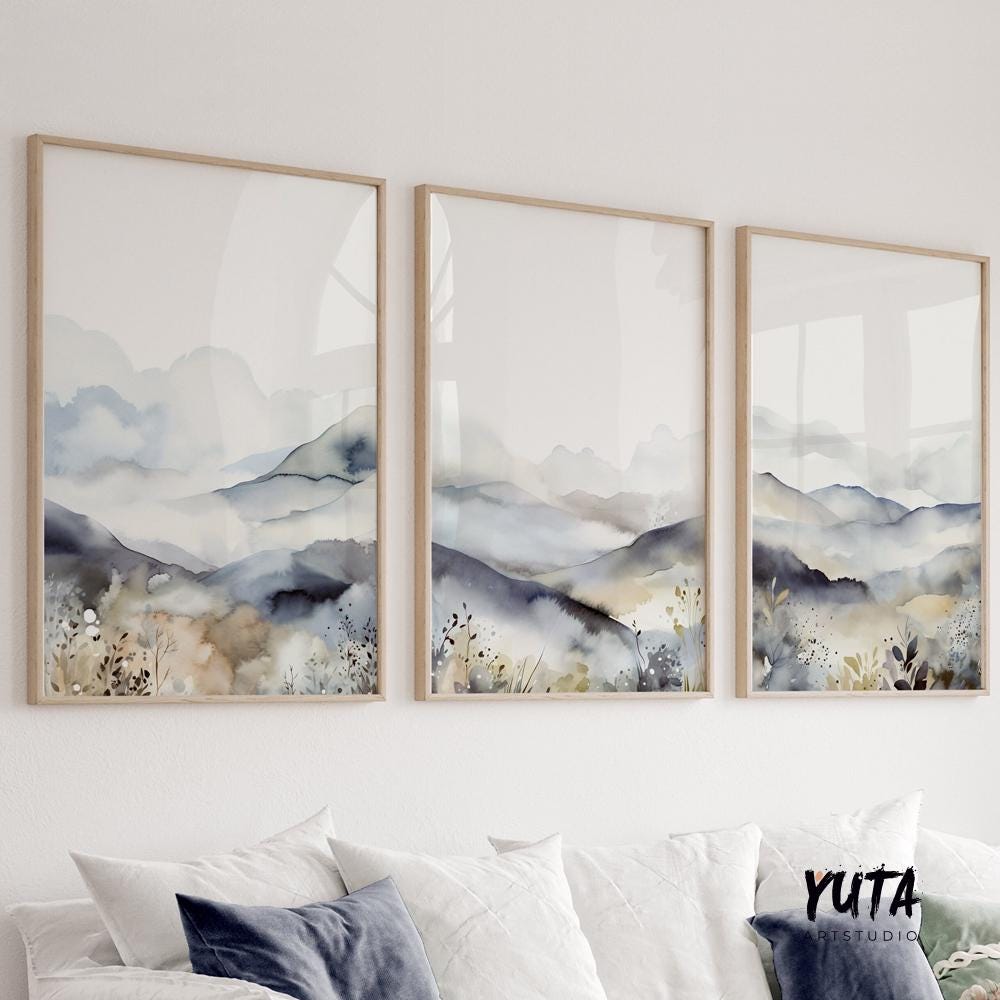 Neutral abstract mountain set of 3 prints. Modern minimalist landscape gallery wall set. Nature nordic abstract print, 3 piece wall art