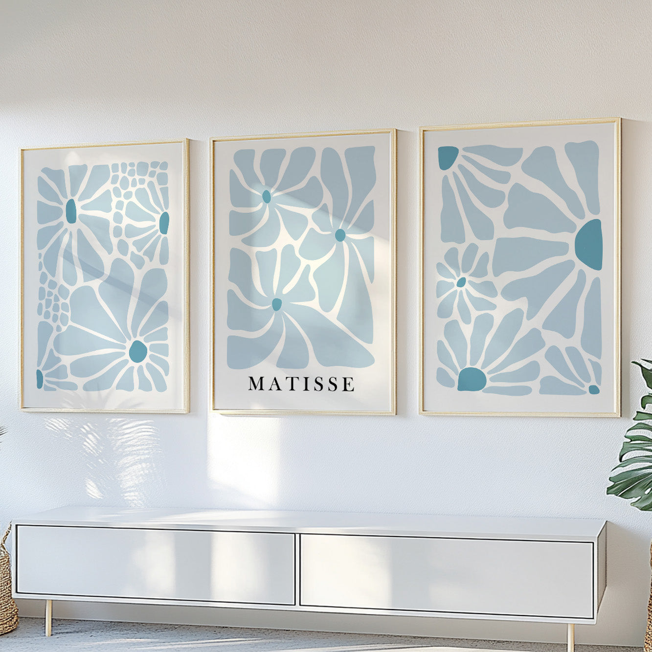 Neutral Blue Matisse Flower Set of 3 Prints – Light Natural Minimalist Mid Century Gallery Wall Set, Vintage Bedroom Wall Art