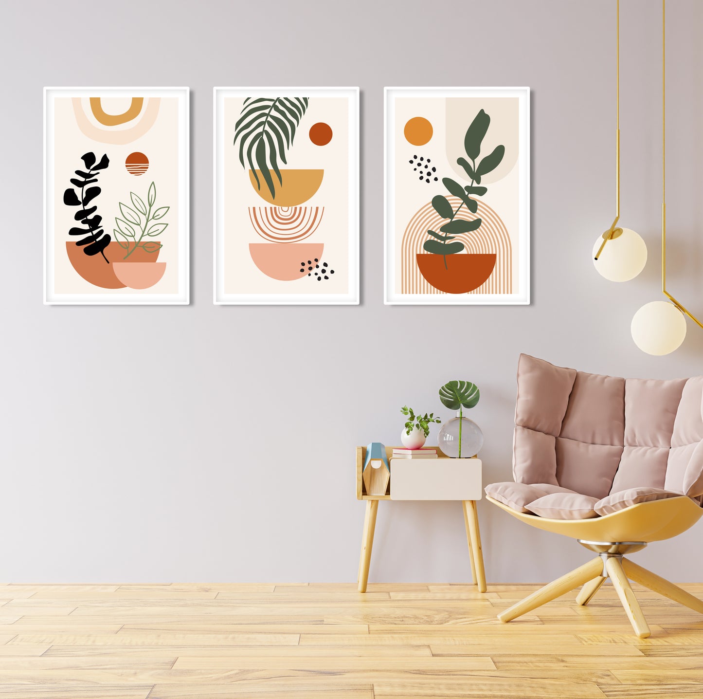 Terracotta boho poster trio with neutral tones, mid-century modern printable wall decor for home interior