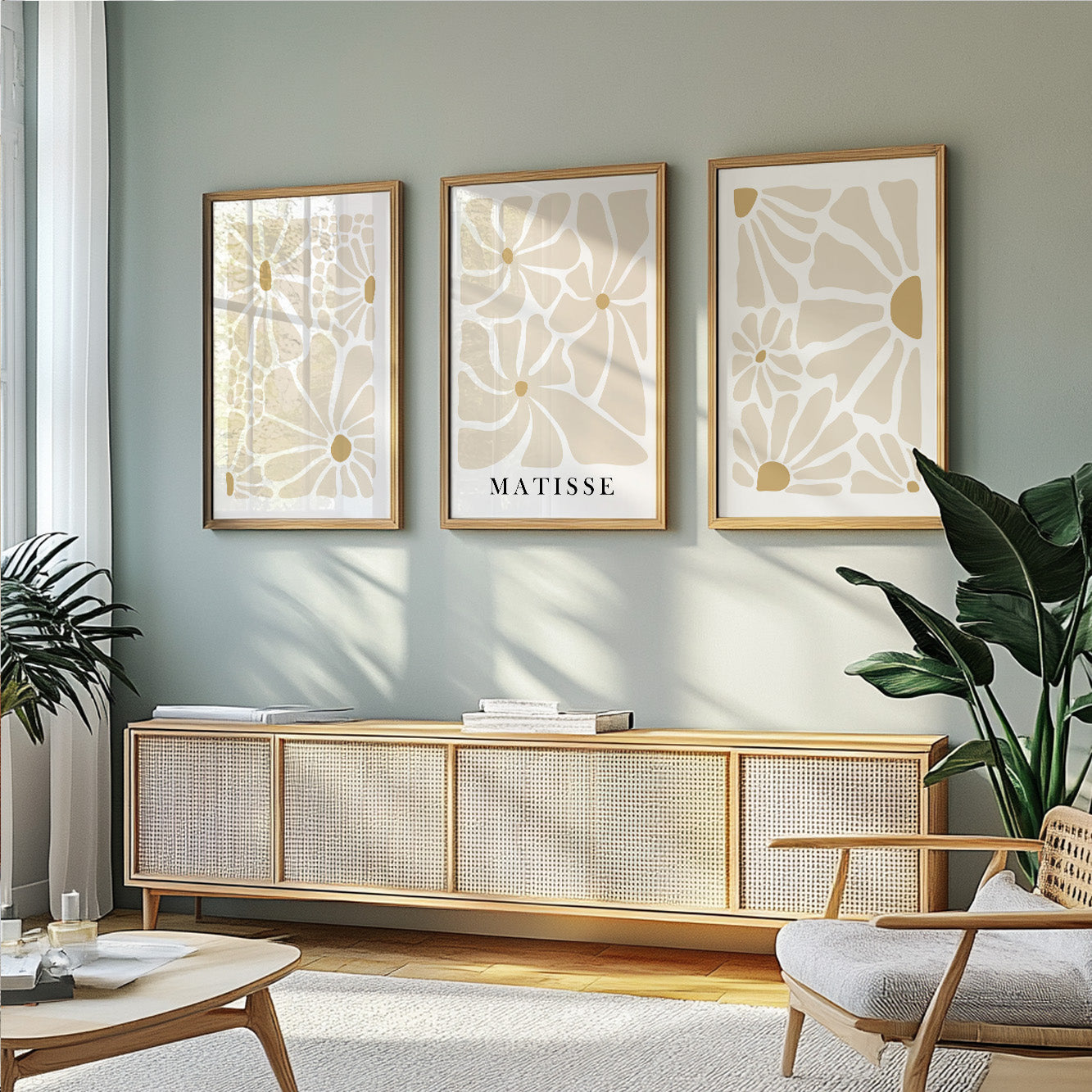Boho Matisse flower prints – modern beige wall art set of 3 for Nordic minimalist decor.