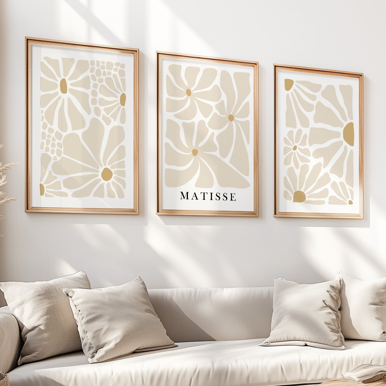 Beige floral Matisse prints – modern abstract boho wall art set for above bed or living room.