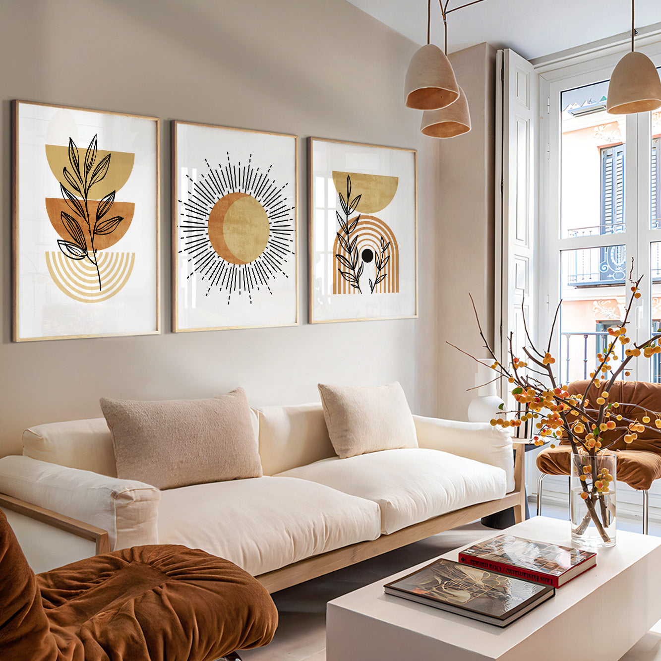 Neutral Boho Wall Art Set of 3 – Terracotta Beige Mid Century Modern Prints, Large Above Bed Gallery Decor