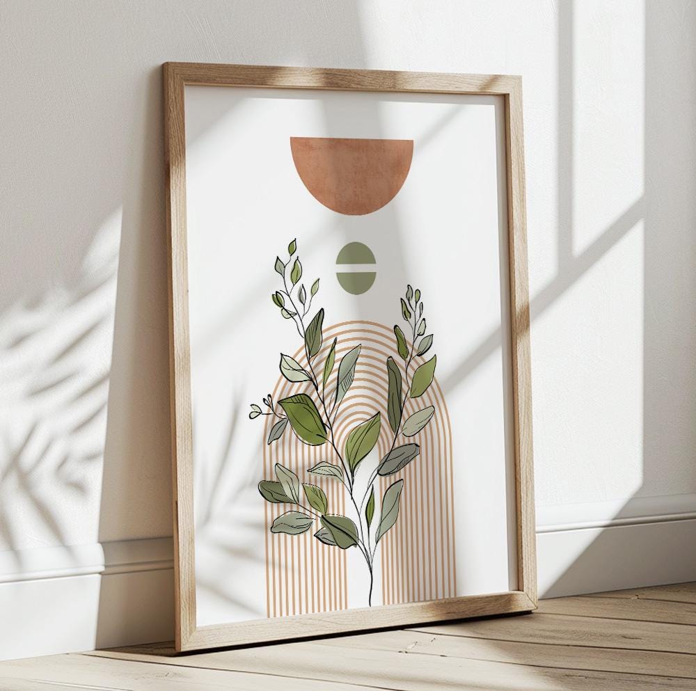 Neutral botanical poster for mid-century modern bedroom or living space.