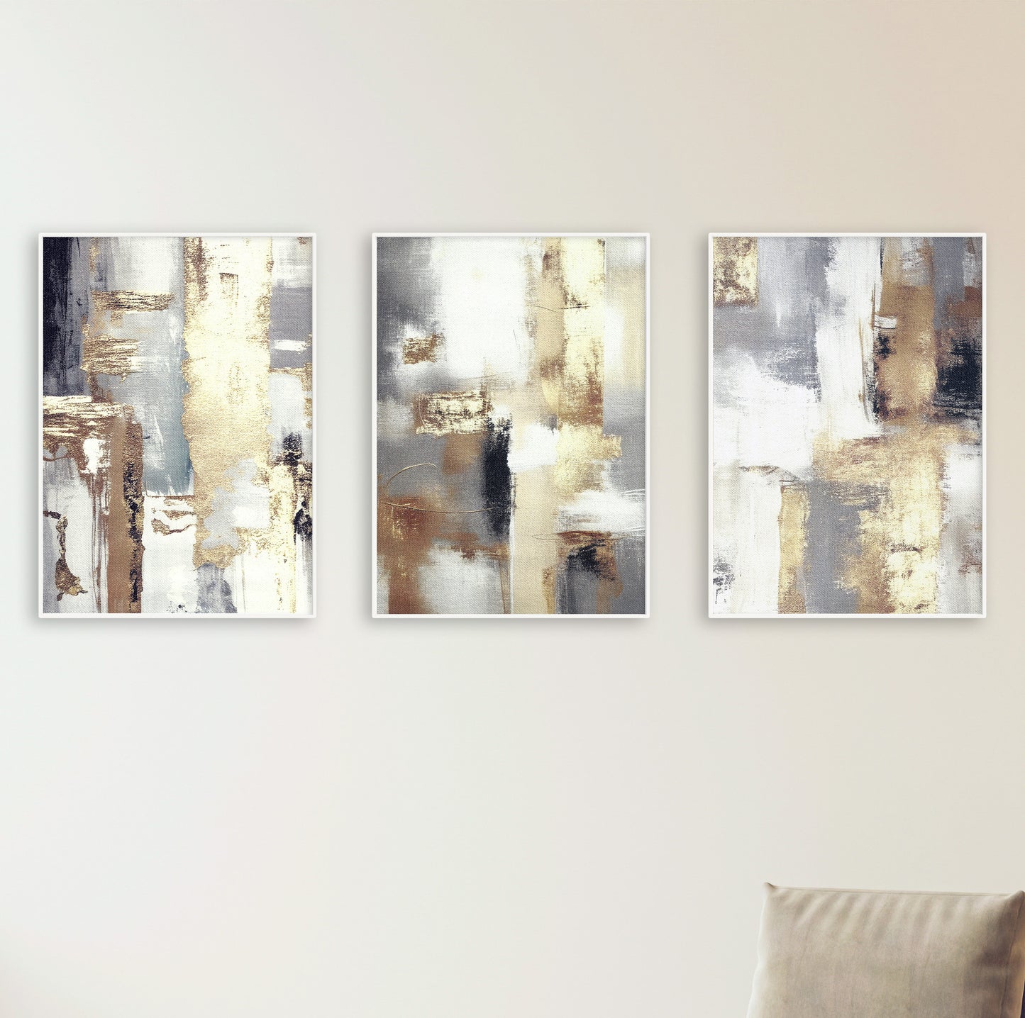 Neutral gold canvas art set of three with textured abstract design for elegant interiors.