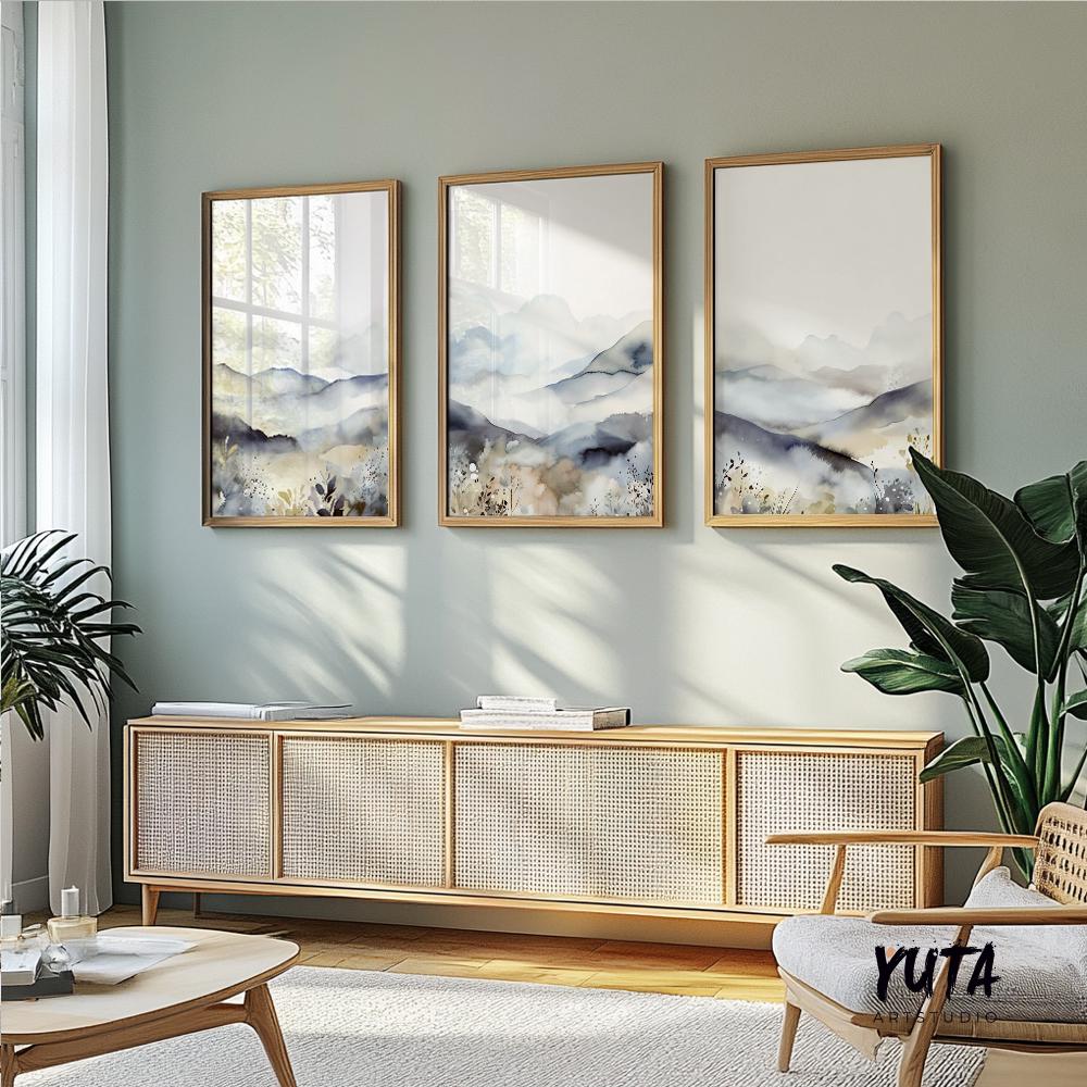 Abstract nature prints featuring Nordic mountain scenery, set of 3.