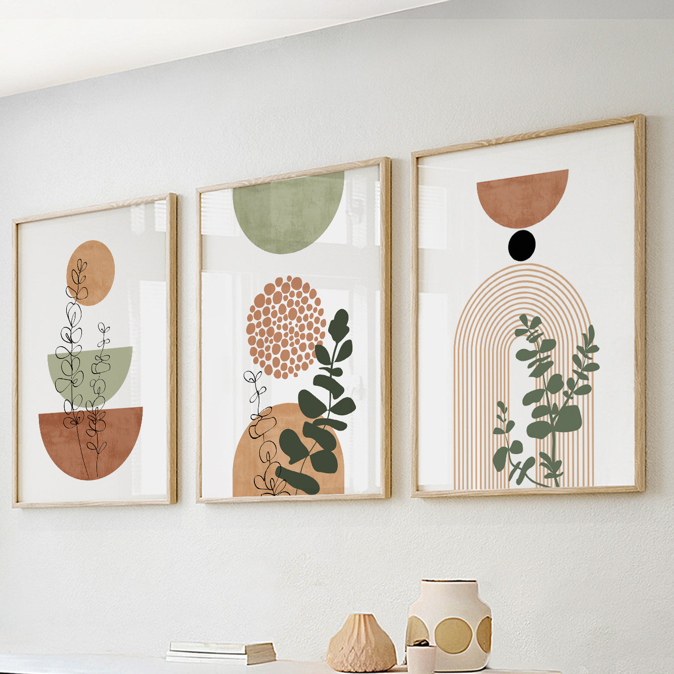 Terracotta and green triptych – mid century modern boho wall art set for stylish, calming interiors.