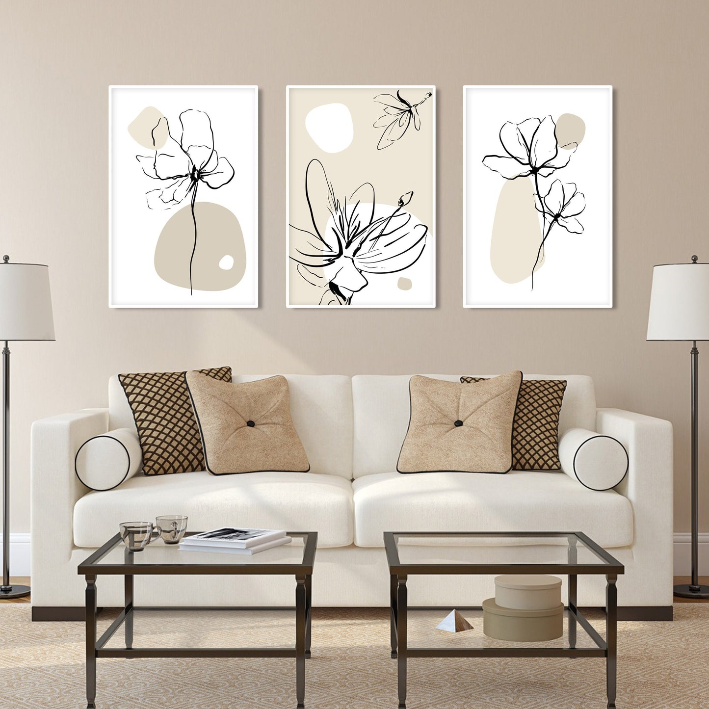 Neutral mid-century floral wall art set with bohemian botanical themes in beige.