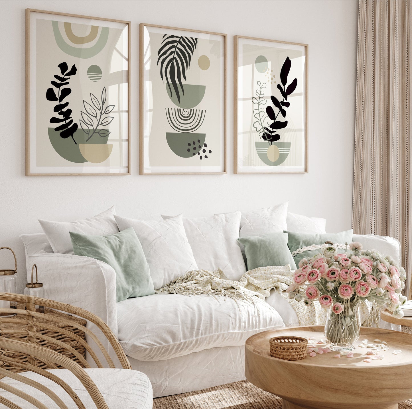 Neutral mid-century green wall art prints in boho style, perfect for living rooms.