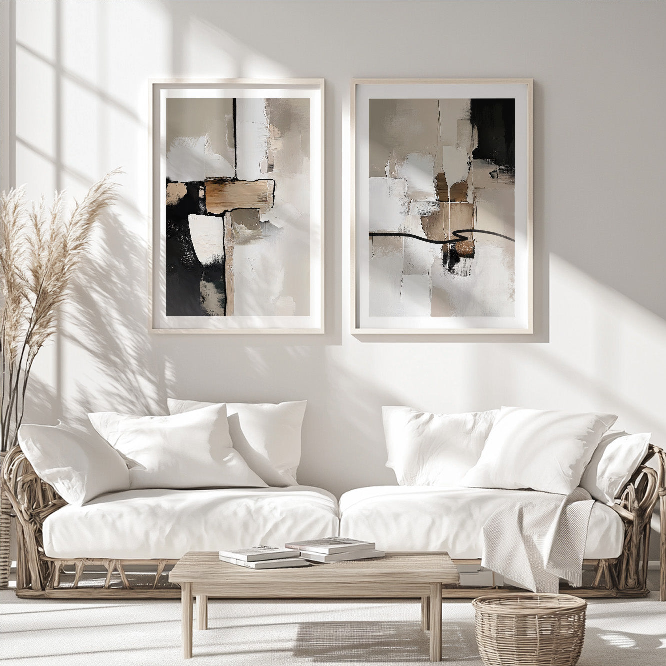 Neutral Abstract Brush Stroke Set of 2 – Black Beige Minimalist Art
