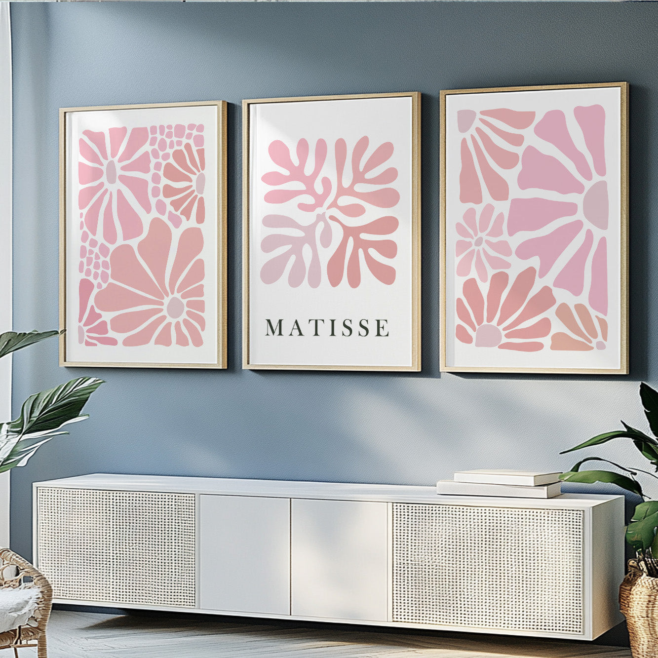 Pink Floral Matisse 3-Piece Print Set – Neutral Minimalist Mid Century Gallery Wall Art, Vintage Trendy Posters