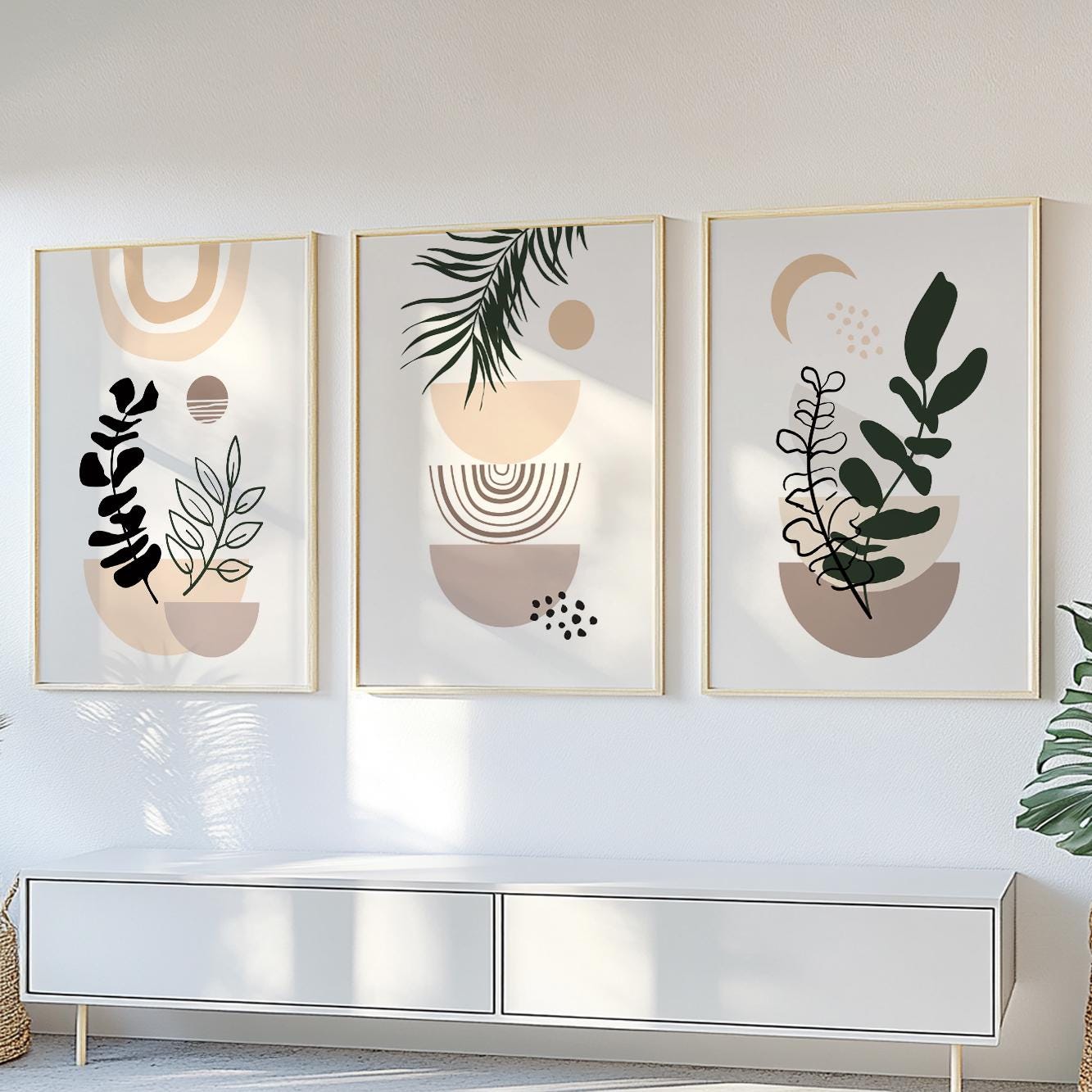 Beige and black wall art – boho abstract set of 3 digital prints for minimalist modern interiors.