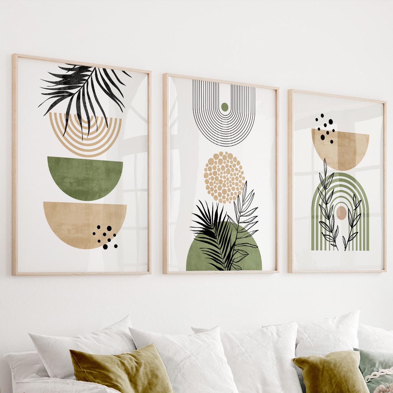 Pastel boho wall art set – mid century modern beige green prints for bedroom or living room decor.