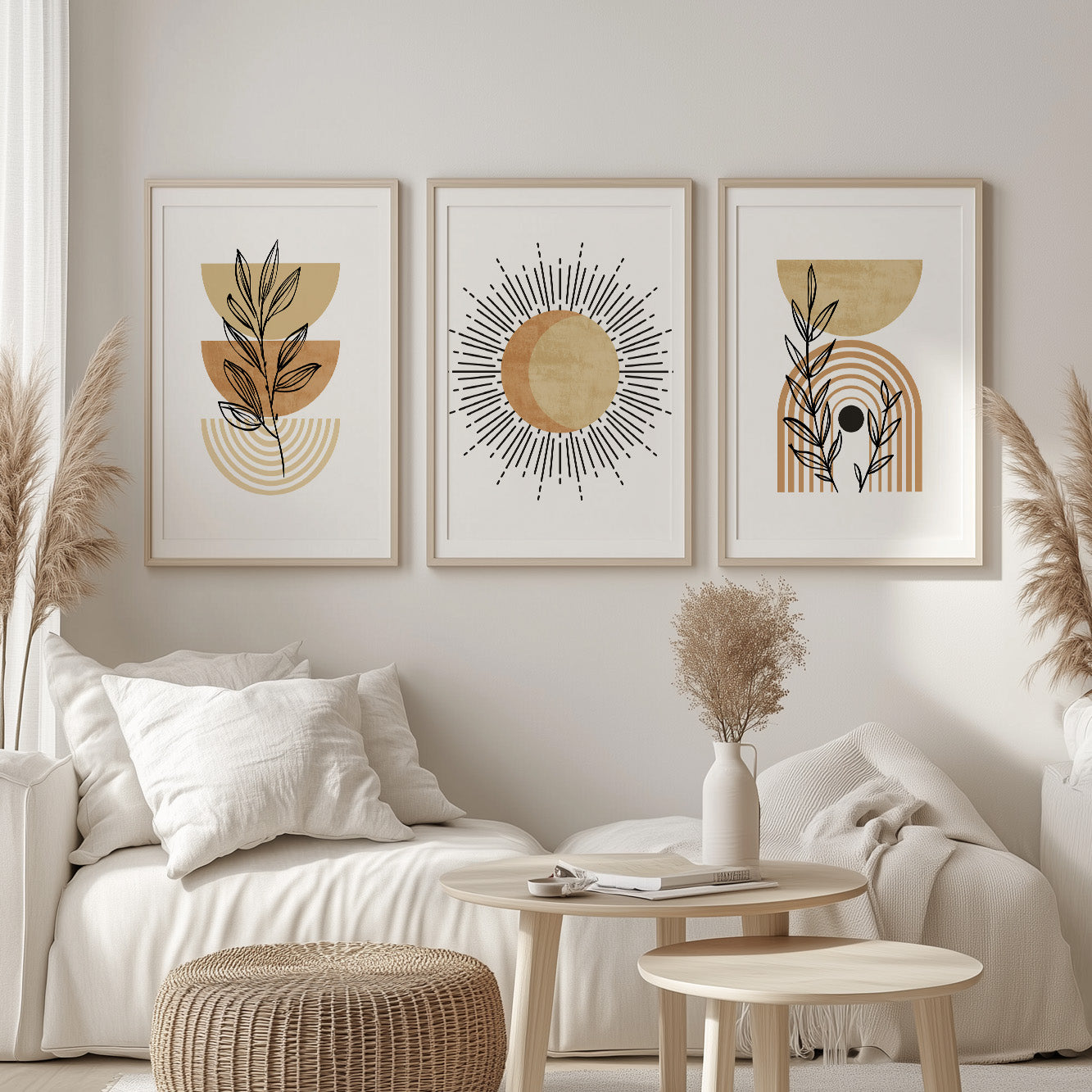 Boho Wall Art Set of 3 Prints – Terracotta Beige Mid Century Modern Posters, Neutral Large Gallery Wall Art