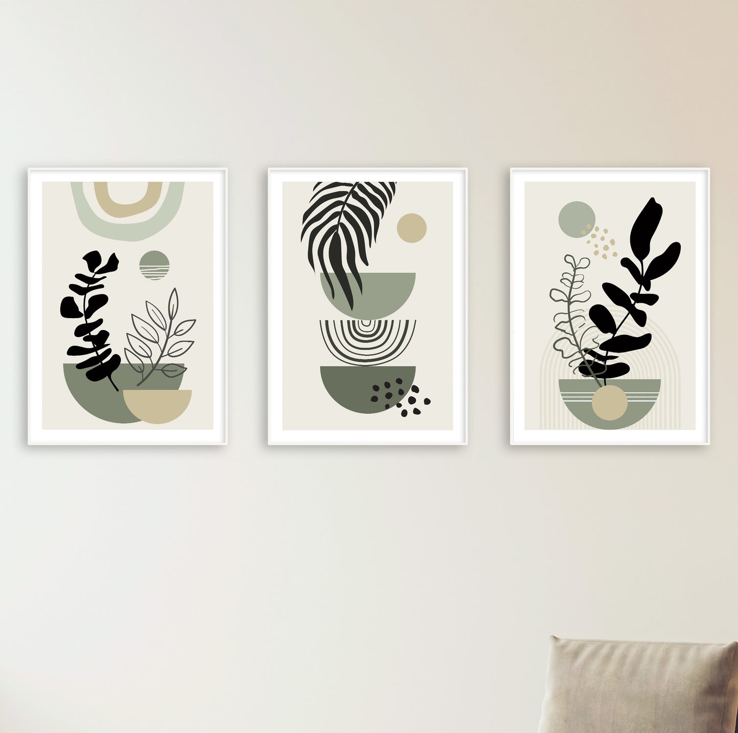 Set of three contemporary posters blending abstract plants and olive geometric accents.