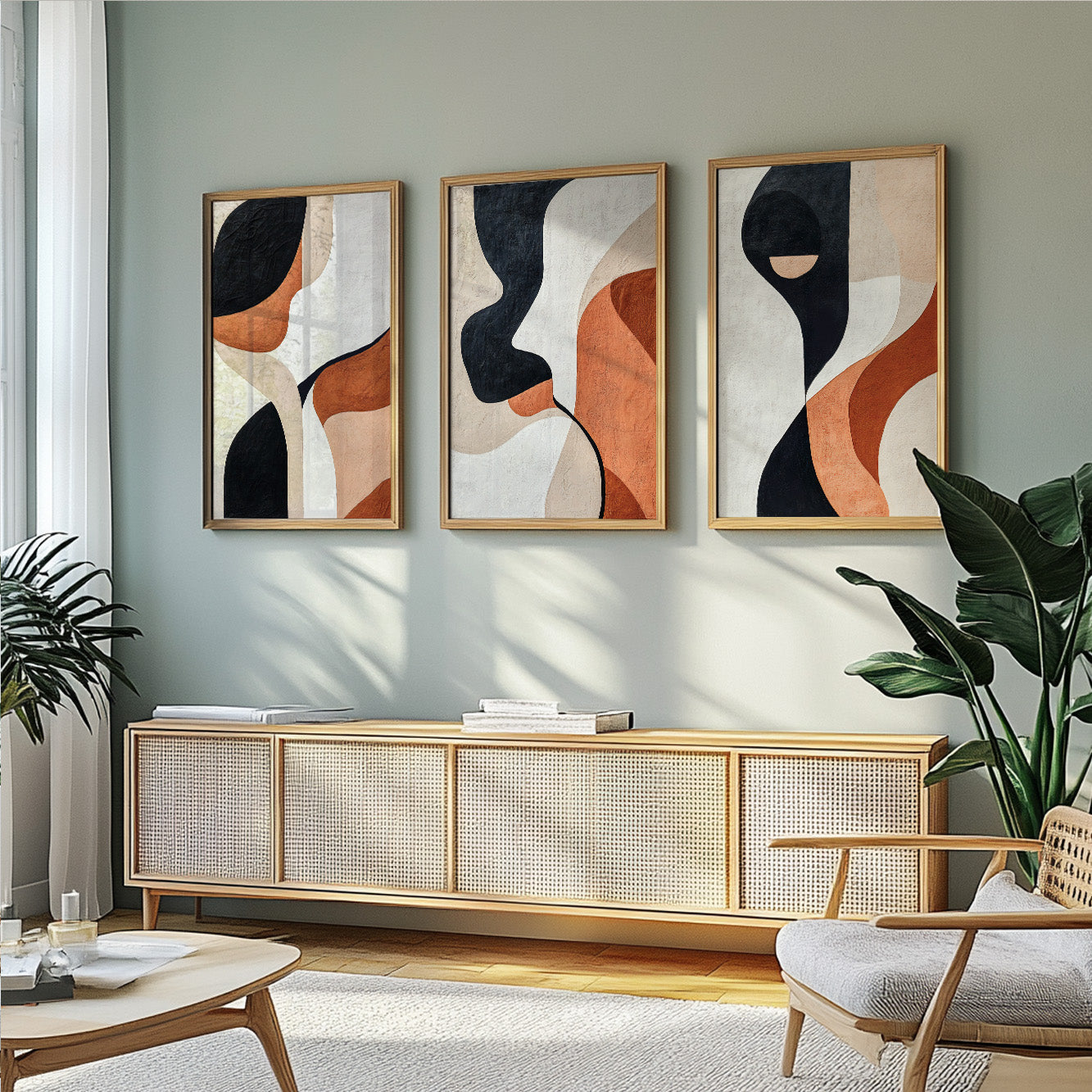 Modern Abstract Set of 3 – Black Terracotta Nordic Geometric Art (USA)