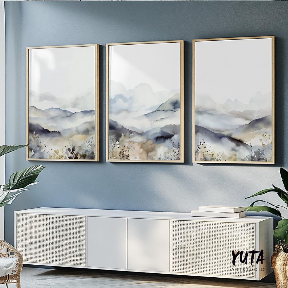 Modern mountain wall art – minimalist Nordic nature print set of 3.