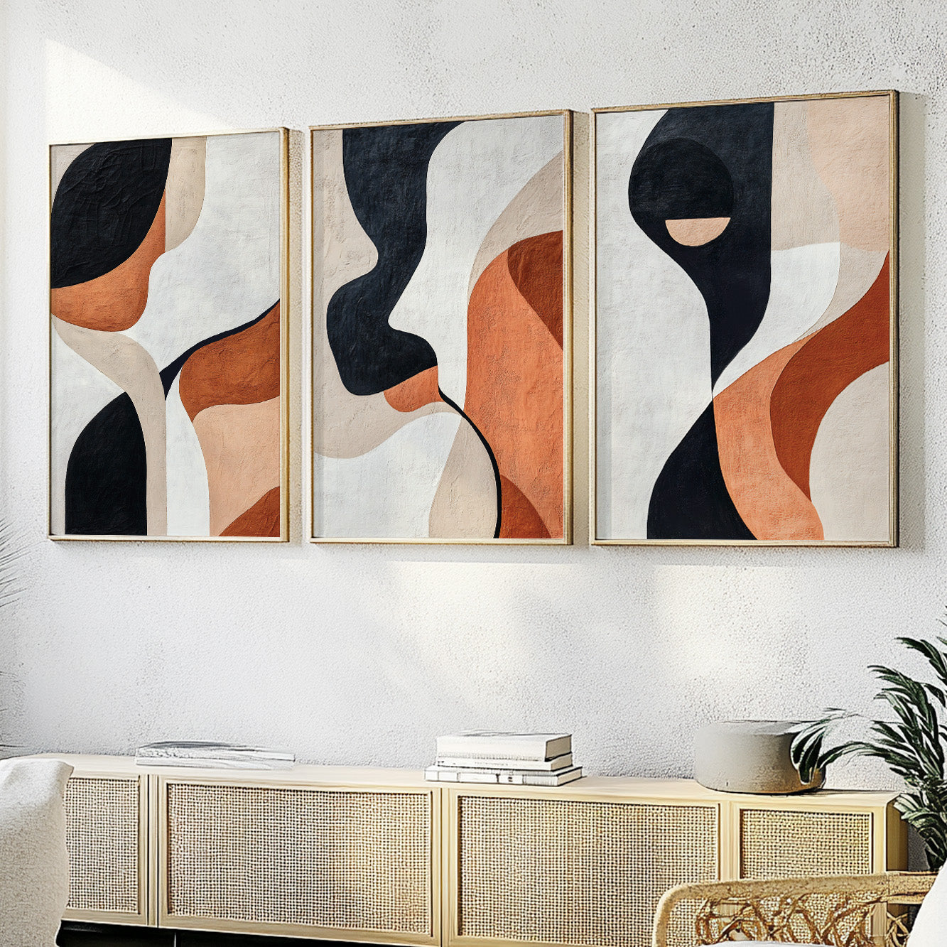 Modern Abstract Set of 3 – Black Terracotta Nordic Geometric Art (USA)