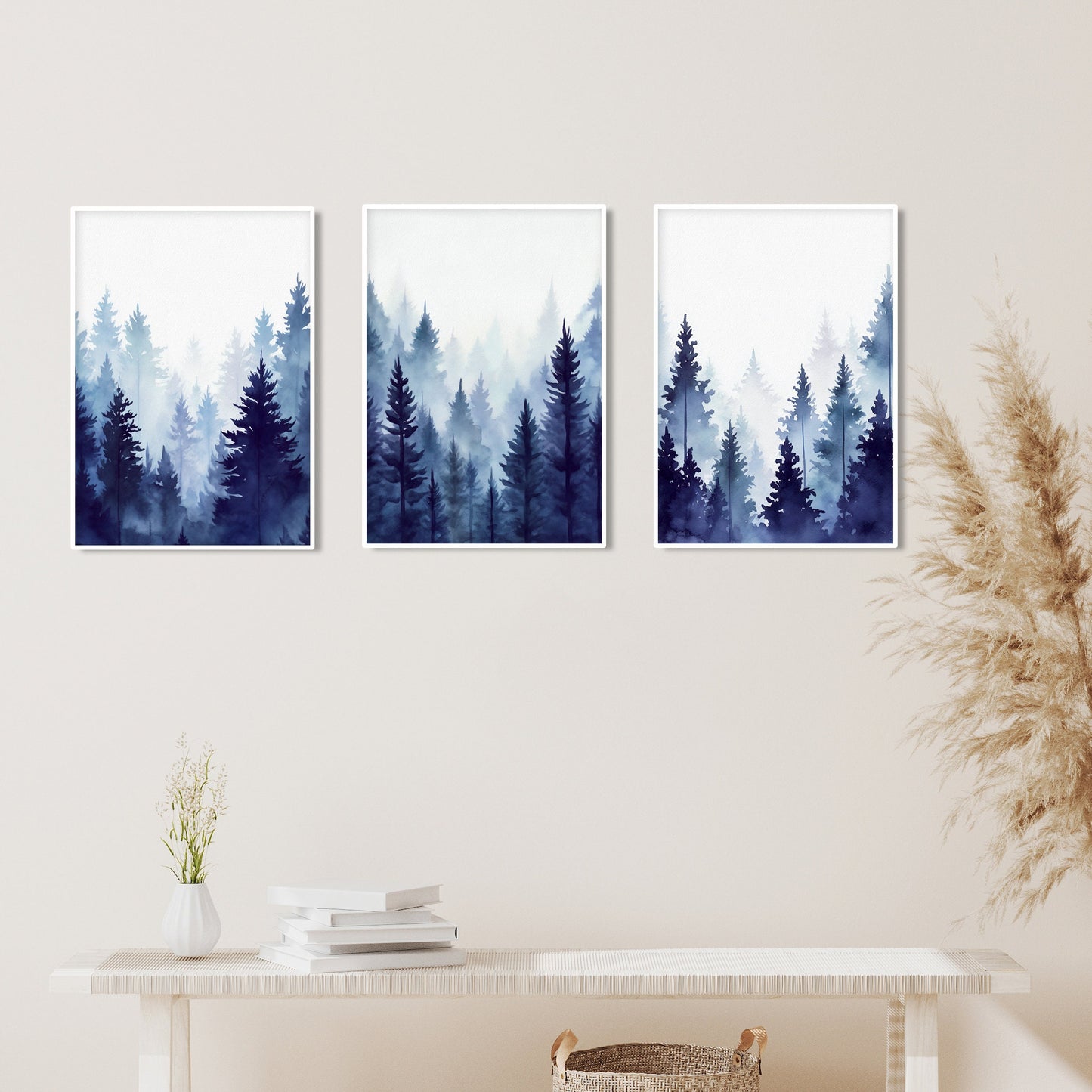 Nordic wall art featuring navy blue foggy forest and mountain landscape.
