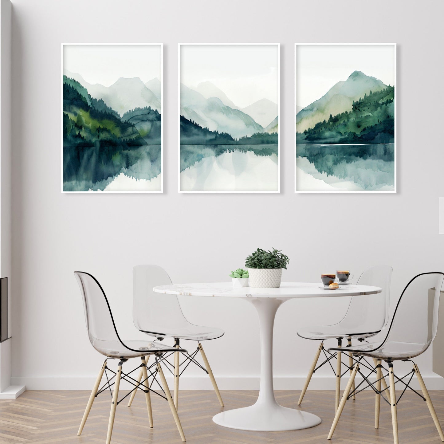 Set of 3 prints showing emerald green mountains with a peaceful lake surrounded by forest in Nordic style.