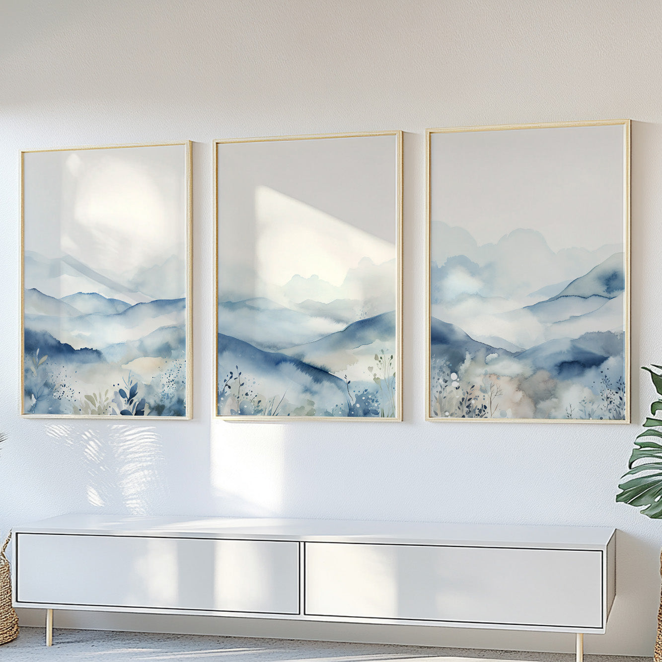 Watercolor blue landscape posters – modern nature print set for bedroom or living room.