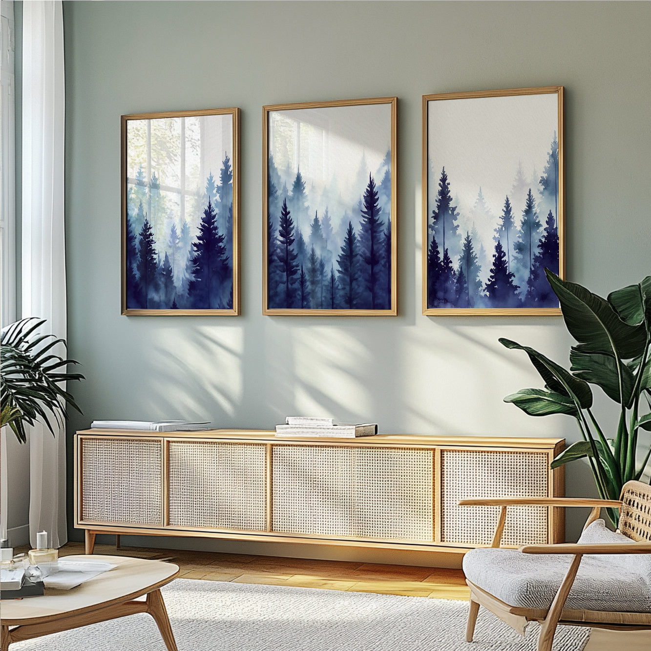 Foggy forest and mountain triptych in navy tones, Nordic nature decor.