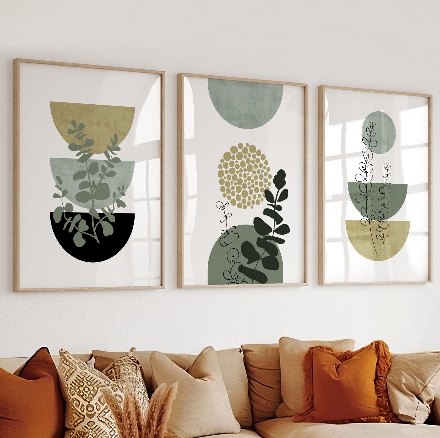 Contemporary poster with dotted circles, abstract foliage, and muted green semicircles.