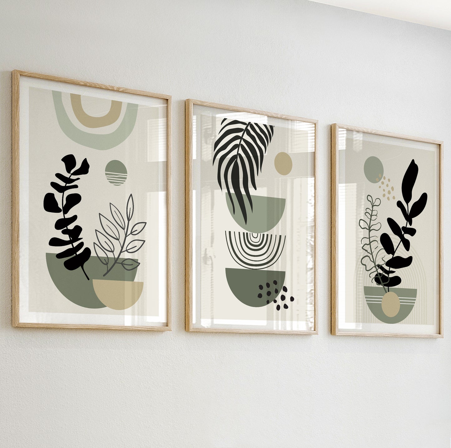 Neutral abstract plant art with olive green and beige tones in minimalist plant pot shapes.