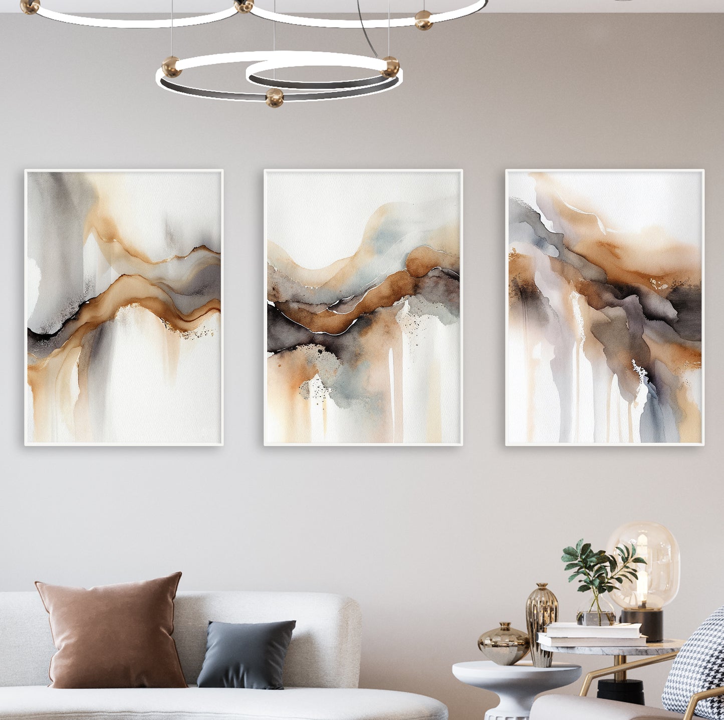 Dynamic composition of watercolor shapes in warm neutral tones with natural ink-like movement.