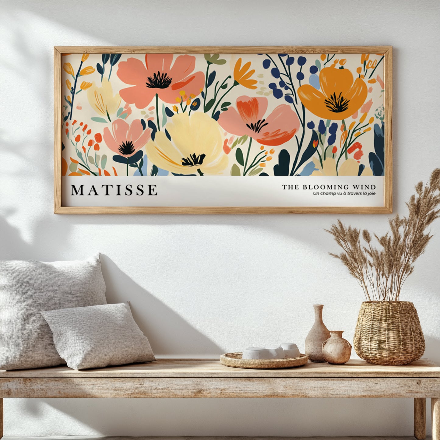 Large colorful wild flower wall art in Matisse style, long narrow horizontal botanical poster.