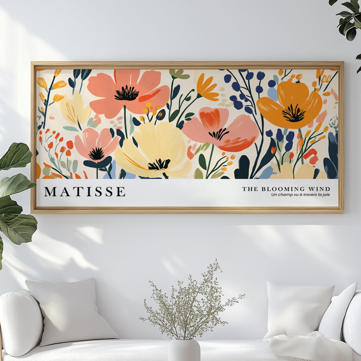 Henri Matisse inspired colorful wildflower print, oversized horizontal wall art for living room or hallway.