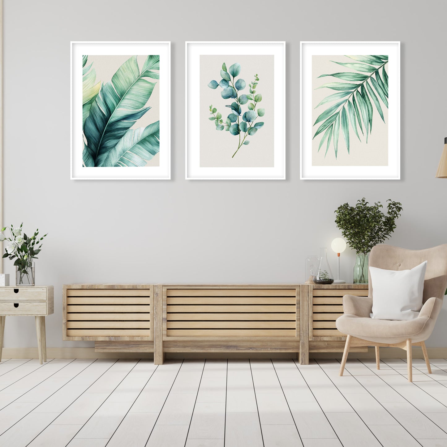 Scandinavian style tropical leaf artwork printed on canvas or paper, ideal for minimalist or boho home decor