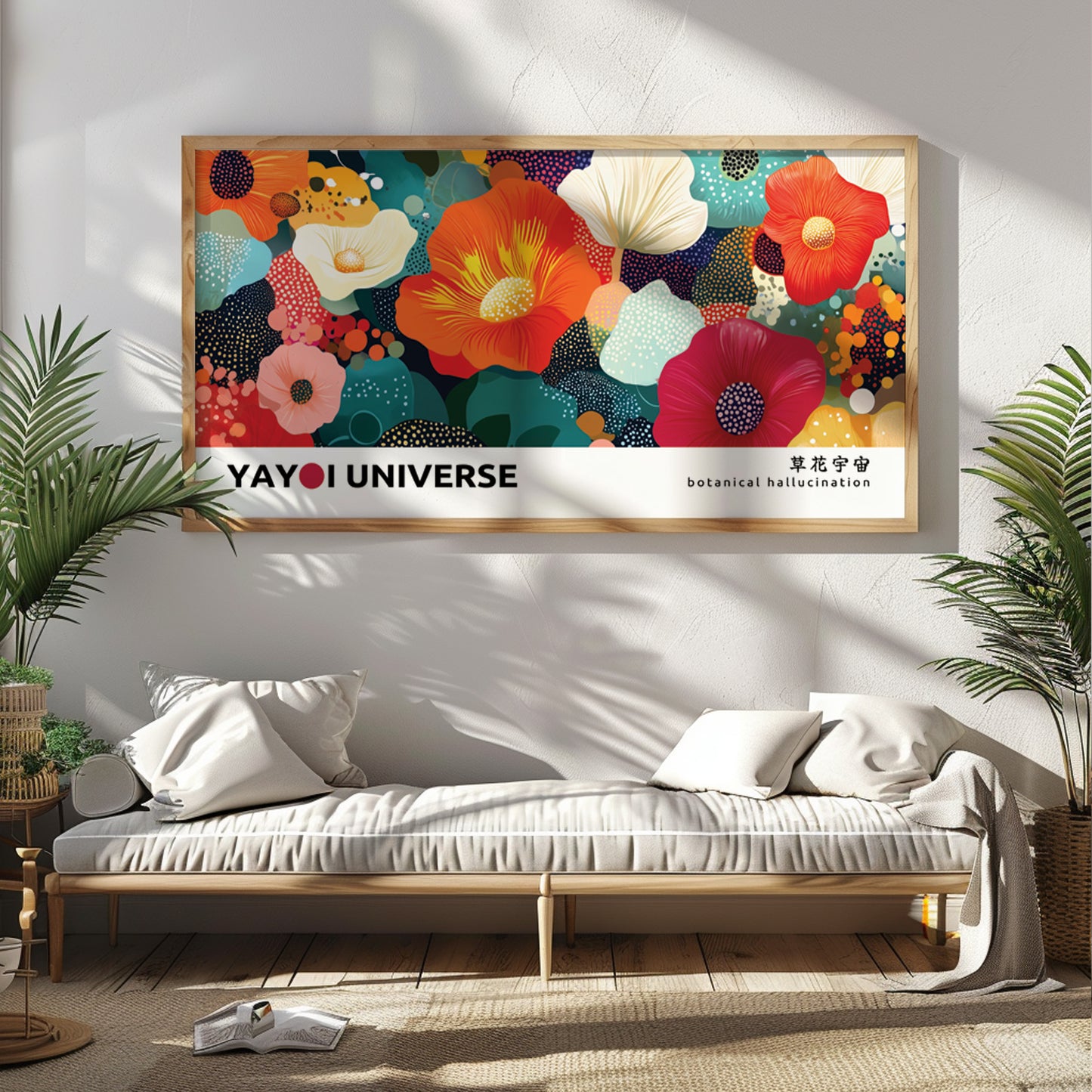 Yayoi Kusama print inspired floral artwork – bold botanical abstract in wide narrow format.