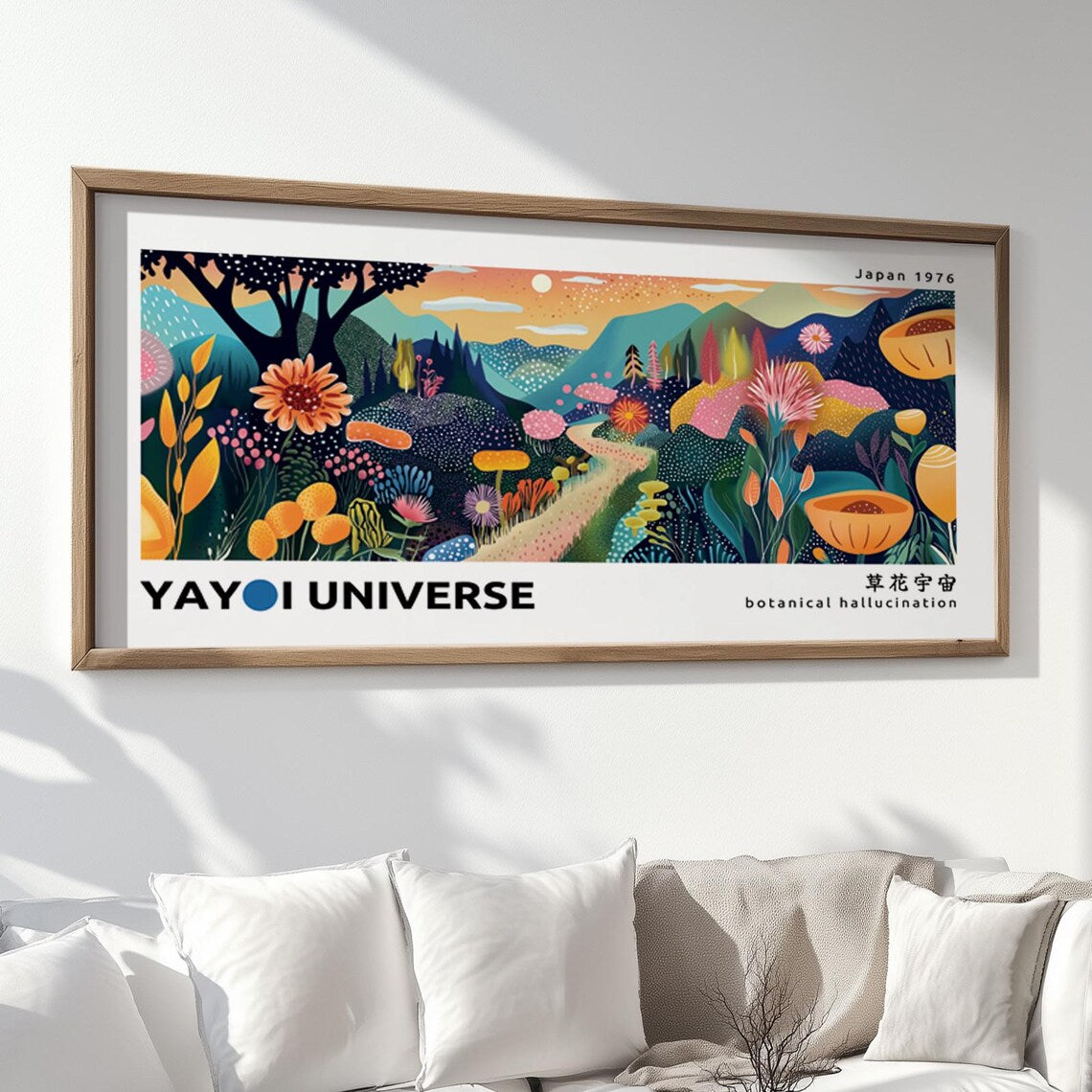 Panoramic abstract mountain print – colorful Kusama-inspired Japandi wall art with floral sunset tones.