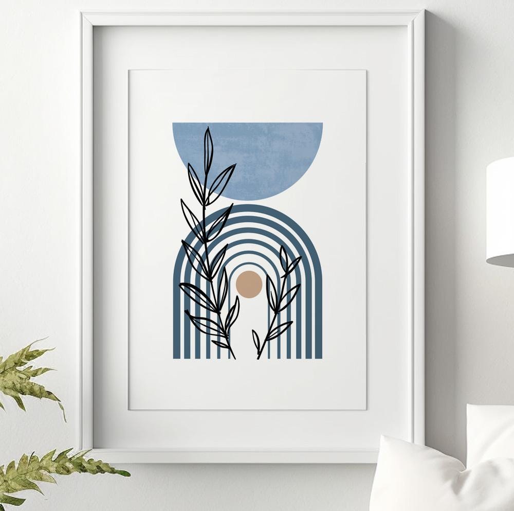 Pastel blue Scandinavian-inspired wall art for minimalist bedroom or living room interiors.