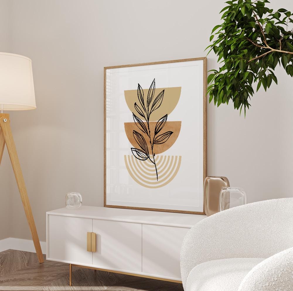 Pastel boho wall art print featuring natural shapes and earthy mid-century tones.