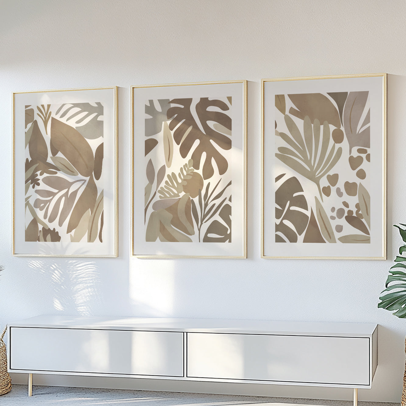 Minimalist tropical wall decor – neutral beige botanical leaf art set for calming bedroom style