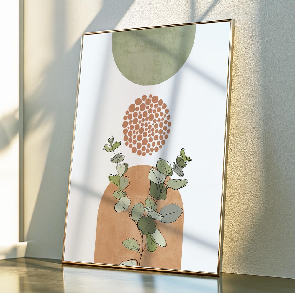 Pastel botanical poster in terracotta and green, ideal for living room wall decor.