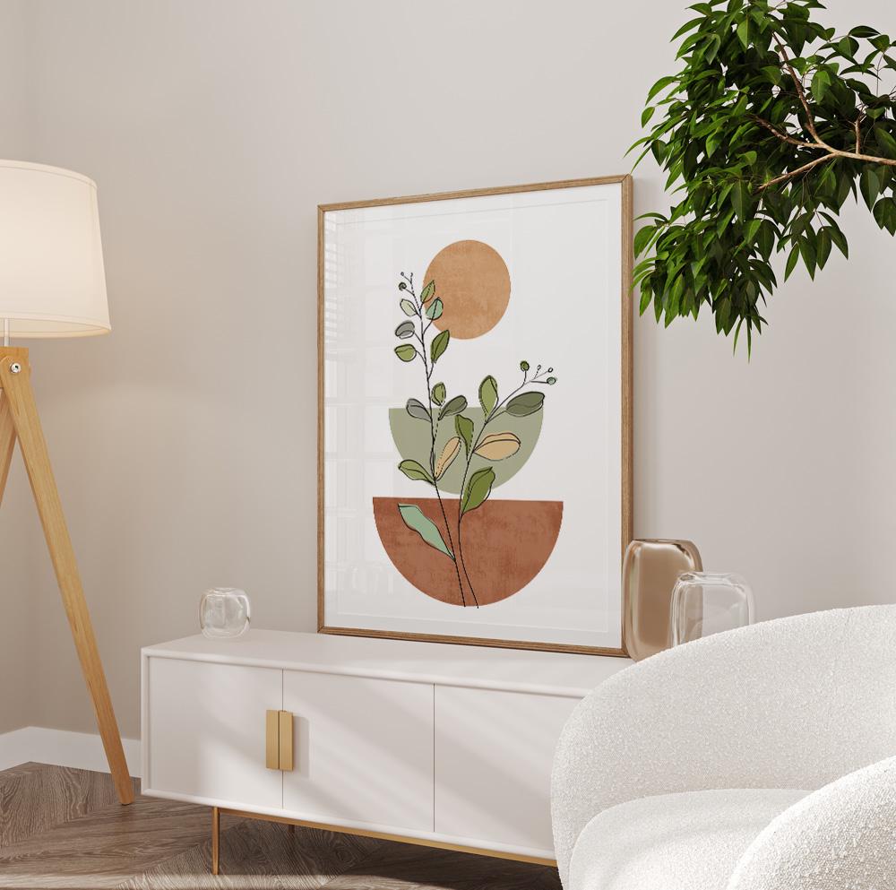 Pastel botanical decor print in mid-century modern style with a soft boho aesthetic.