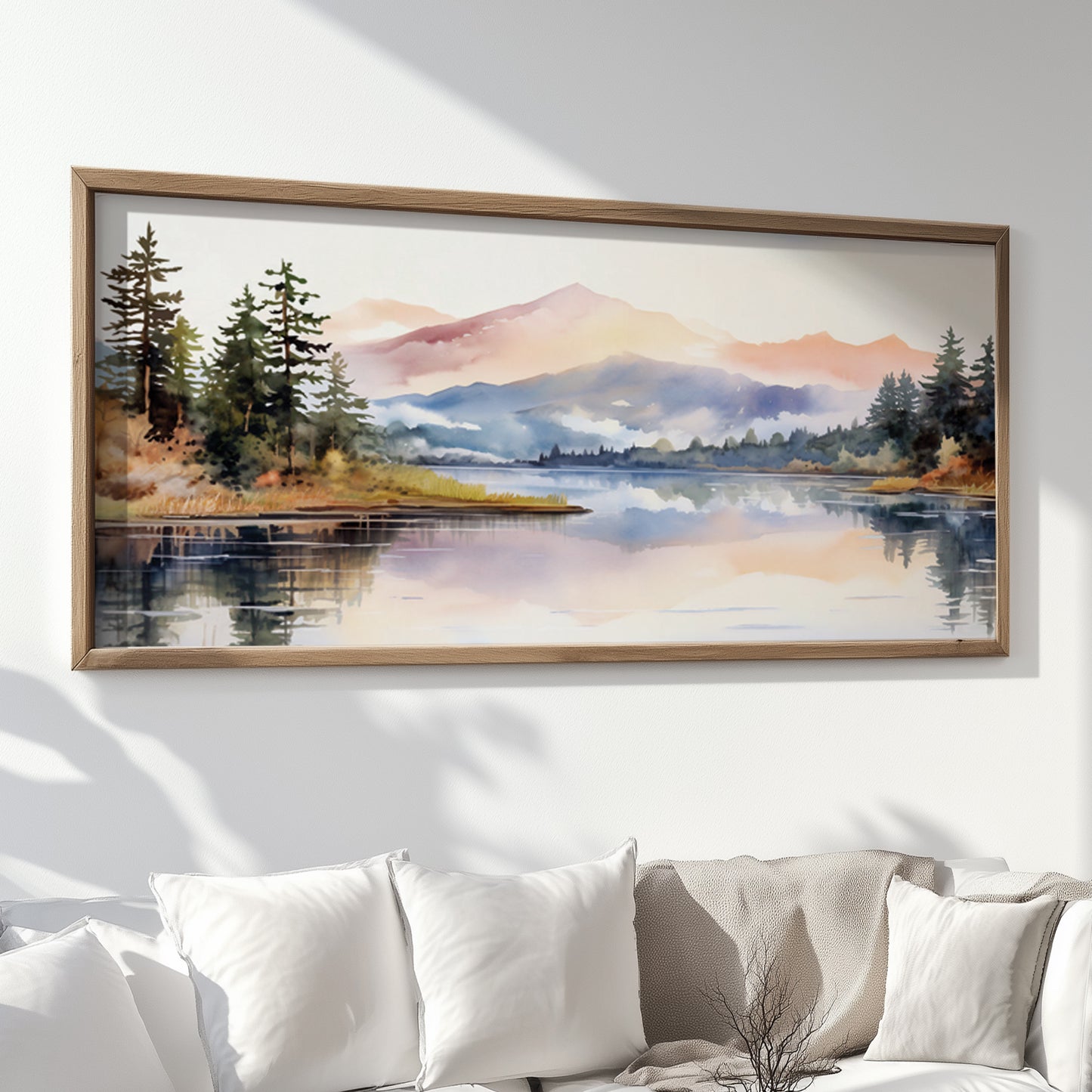 Serene abstract landscape art in long narrow format, depicting a tranquil mountain lake surrounded by pastel forests, ideal for calming interiors.