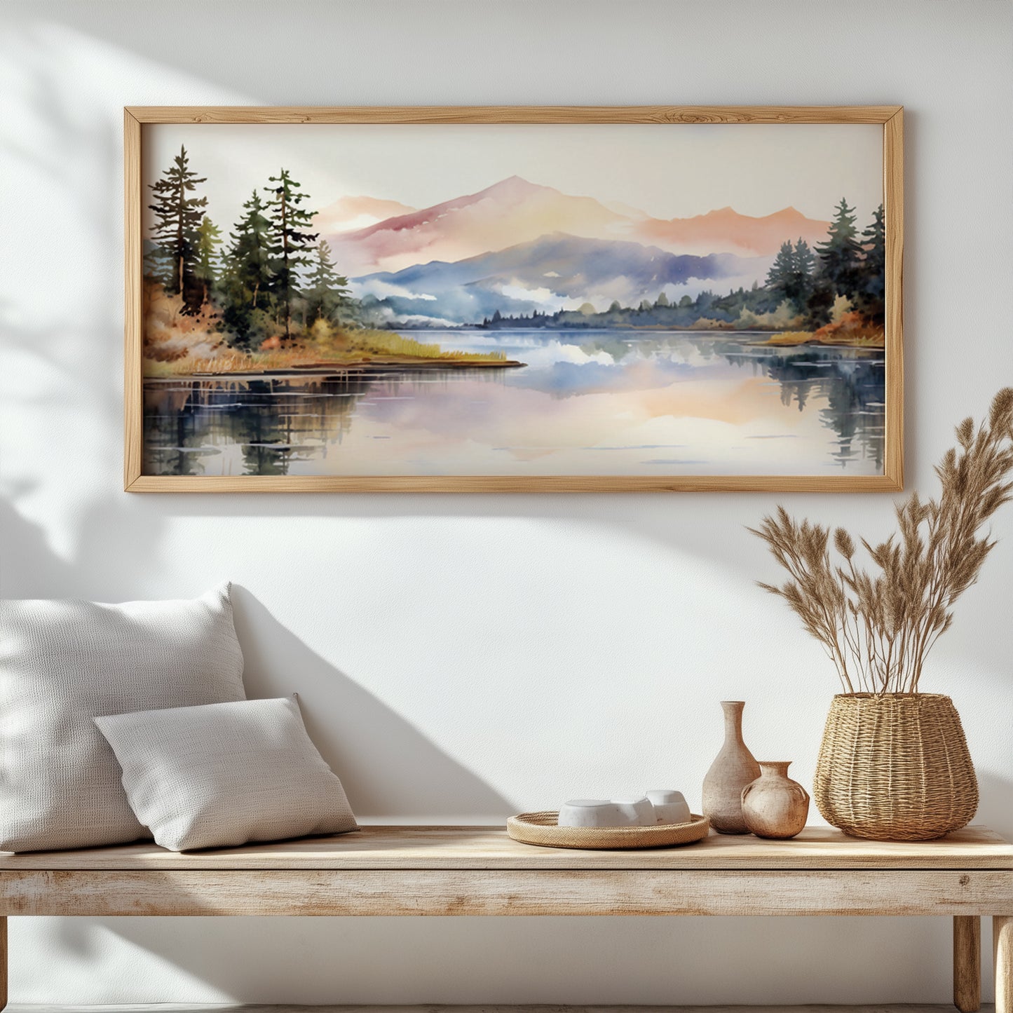 Tranquil forest lake with surrounding pastel mountains in watercolor, wide-format landscape poster designed for serene, natural wall design.