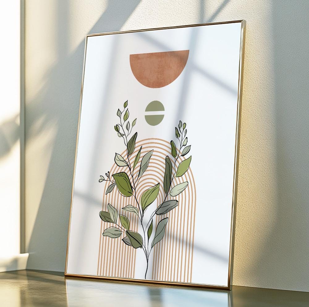 Pastel botanical boho art print with a minimalist touch for bedroom or living room decor.