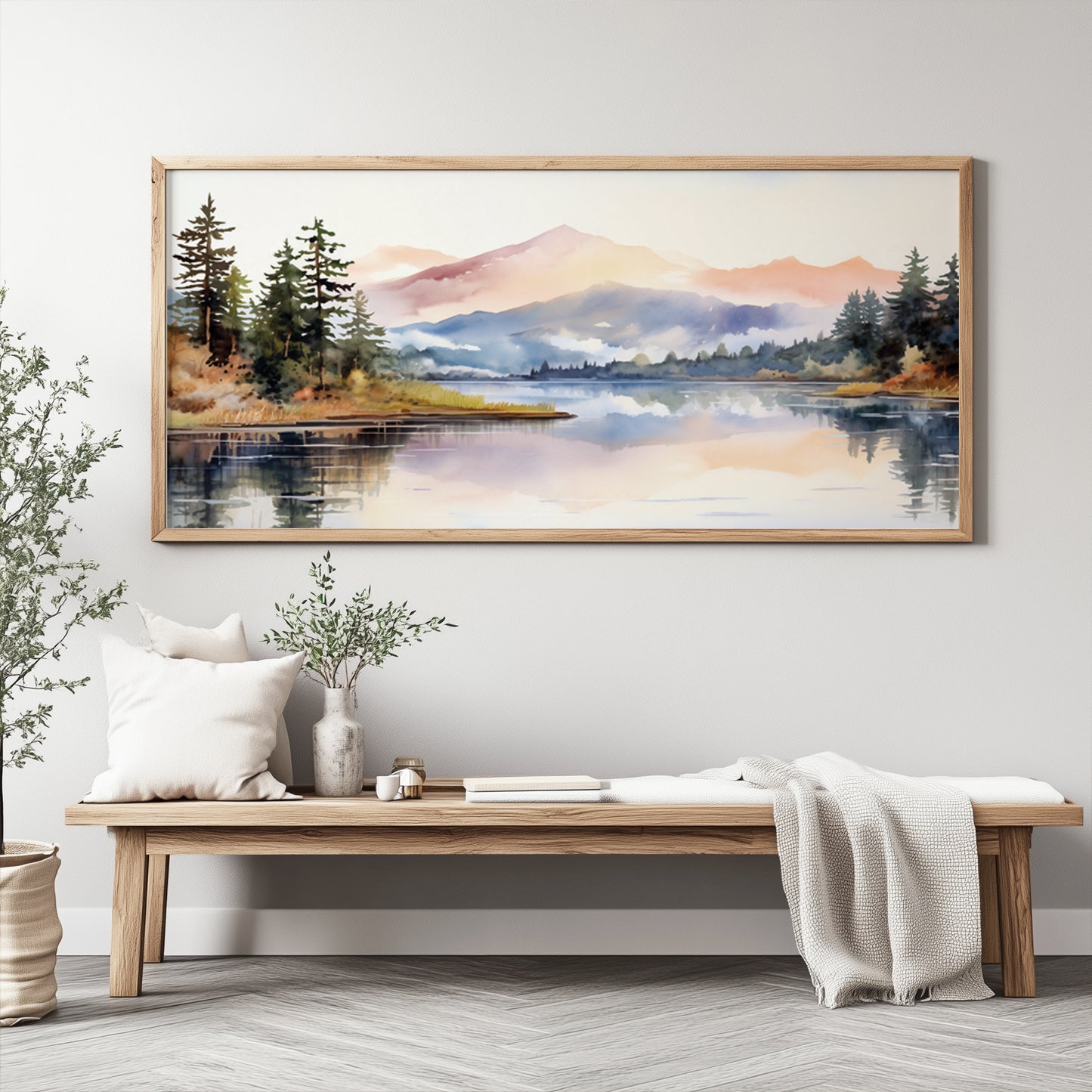 Watercolor landscape triptych in soft pastel tones, showing a scenic alpine lake and forested mountains, designed for Japandi-style gallery walls.