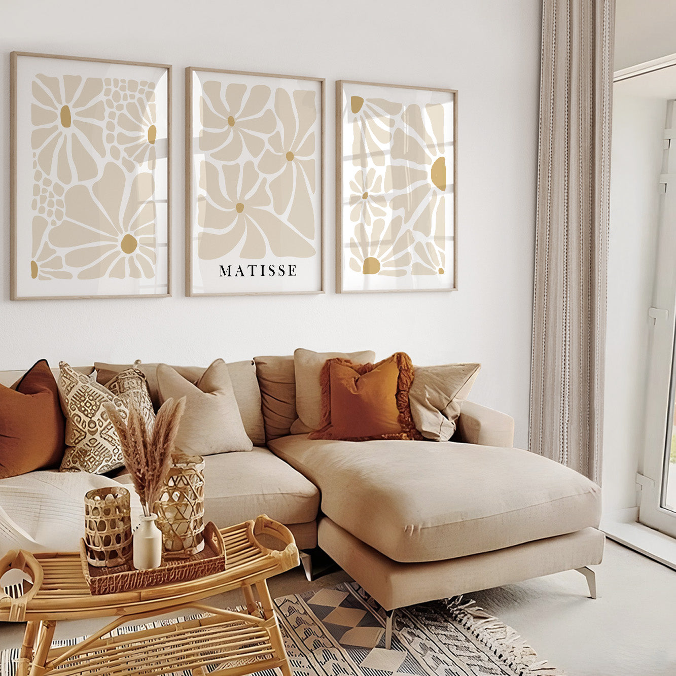 Modern abstract floral prints – boho beige set of 3 in Nordic pastel tones.