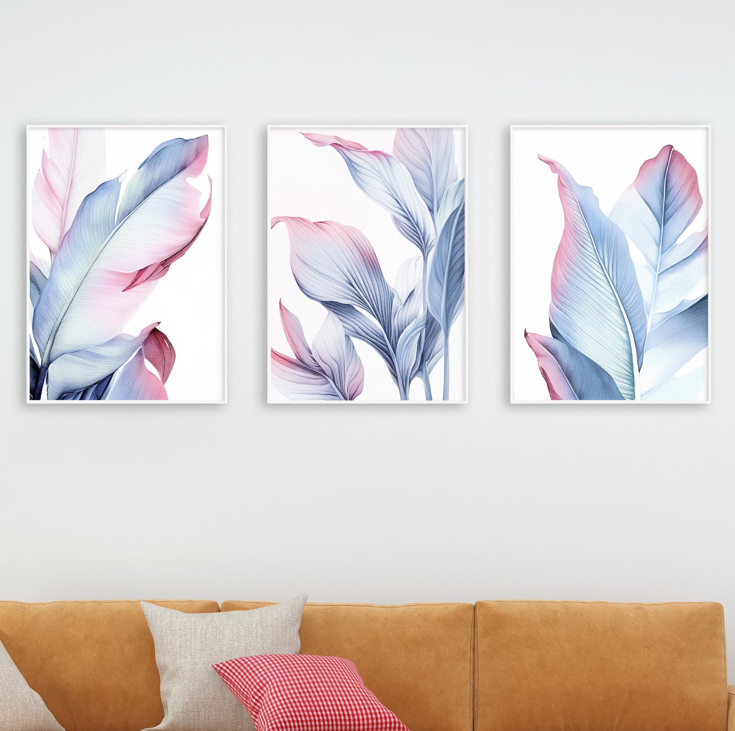 Light and airy Scandinavian-style room with framed blush blue leaf illustrations creating a peaceful vibe.