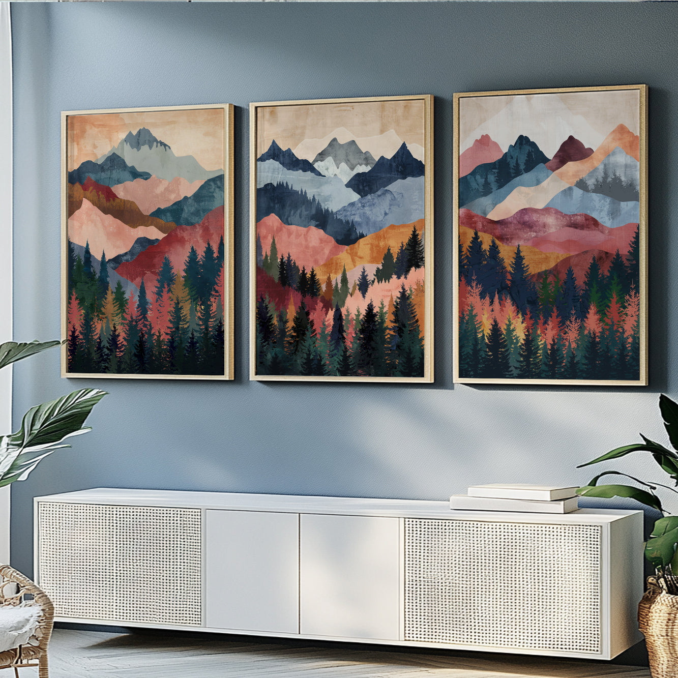 Set of 3 colorful mountain prints with vibrant pine forest foreground, boho gallery wall art.