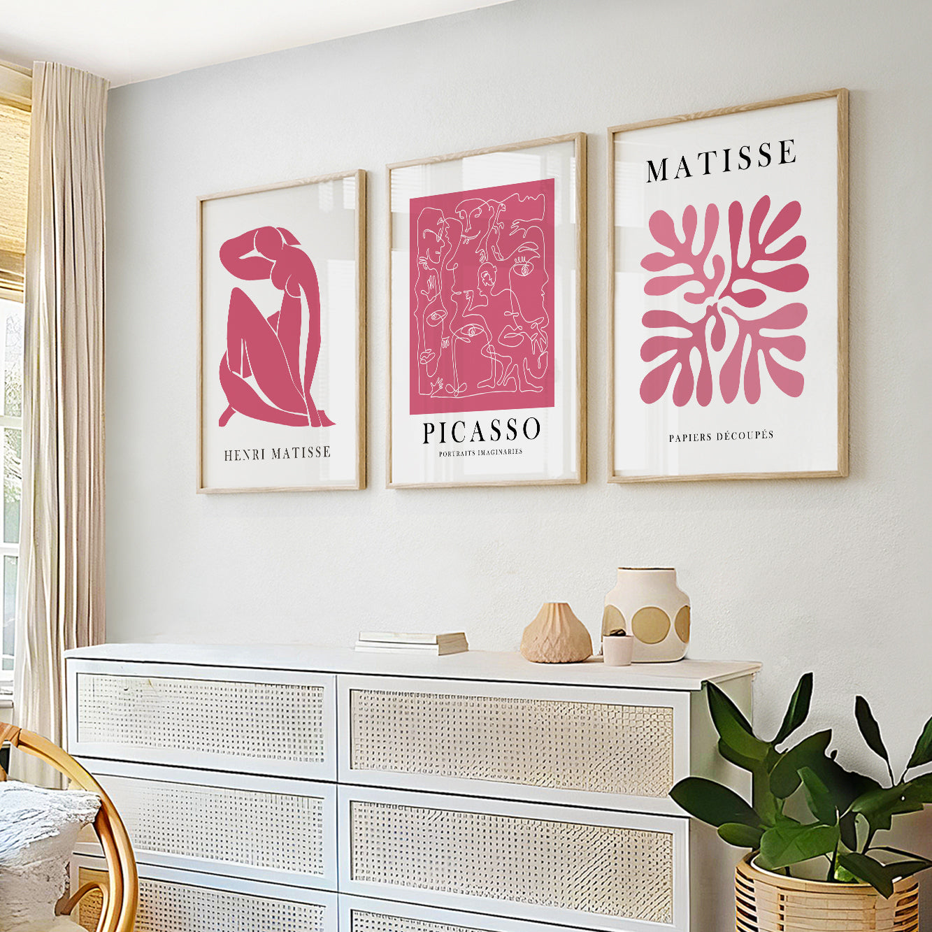 Pink Matisse 3-Piece Print Set – Mid Century Minimalist Gallery Wall Art, Vintage Henri Matisse Room Decor